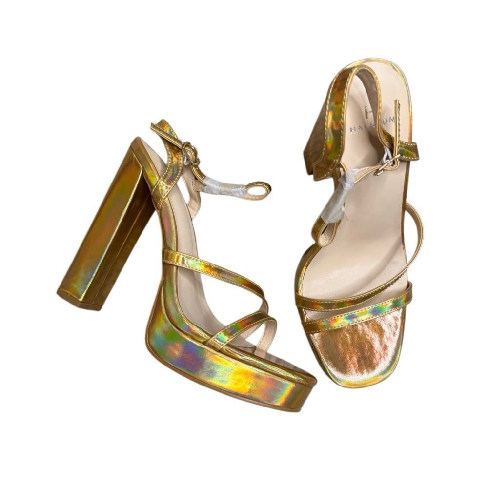 NWB Halston Heritage Sardinia Metallic Gold Block Heel Sandals Size 6 - Picture 5 of 9
